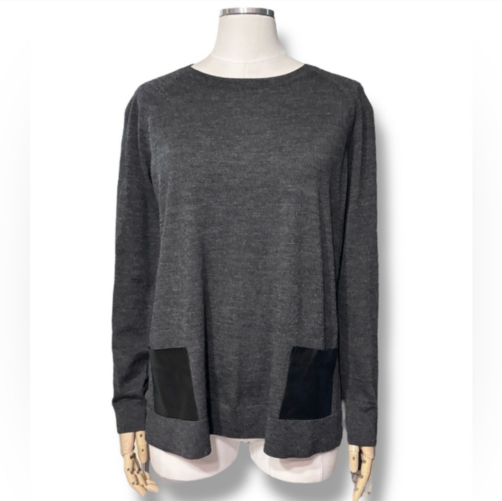 LAFAYETTE 148 Grey Wool Round Neck Sweater Vegan Leather Patch Pockets - Picture 8 of 9